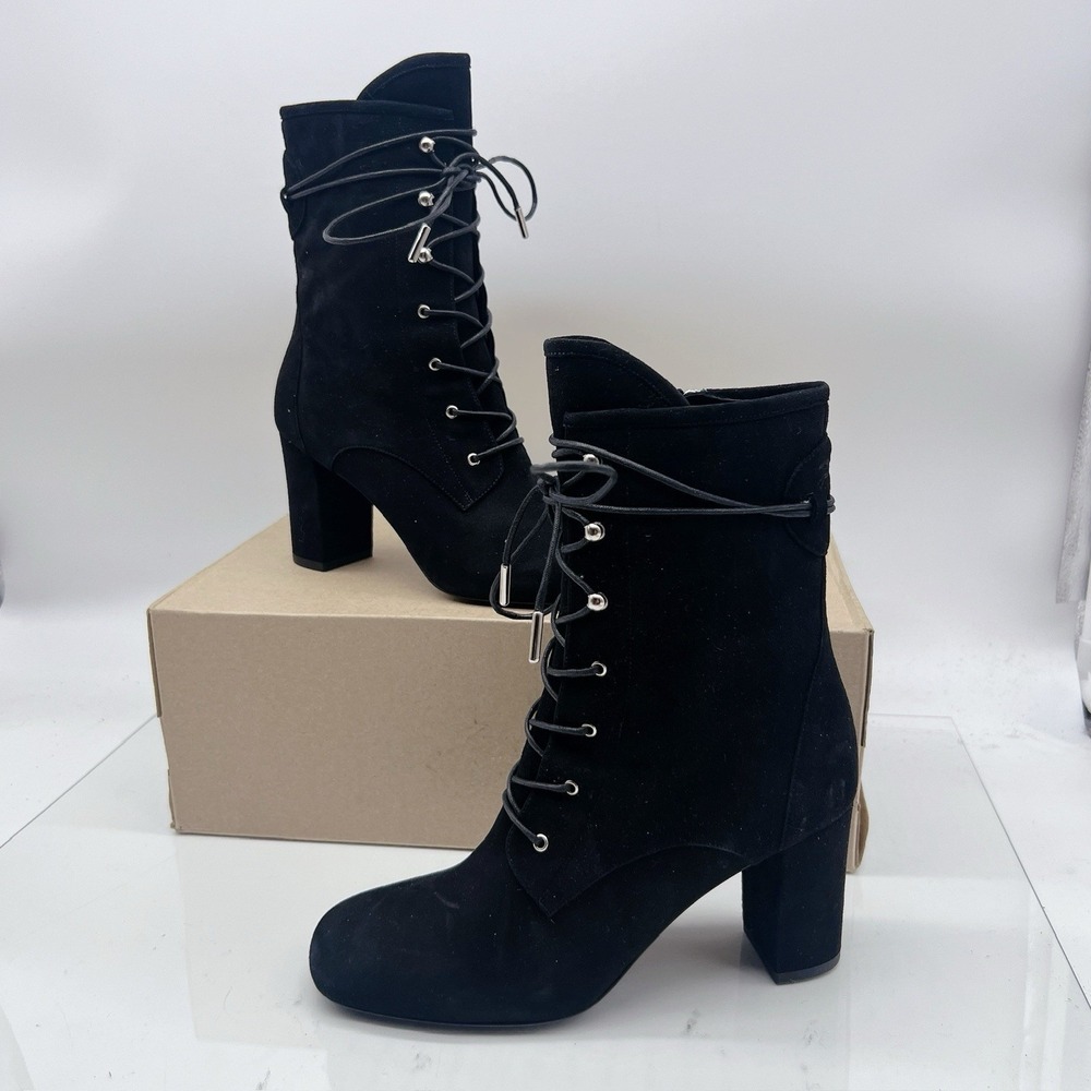 Longchamp Black Suede Block Heel Lace up Short Boots EU 37 US 7 - NEW MSRP $810